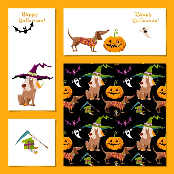 Dogs Halloween Costumes Ghost Bat Pumpkin Halloween Party Invitation Greeting — Stock Vector