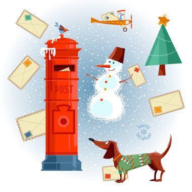 Posta kutusu, daksund, kardan adam ve Noel Baba 'ya mektuplar. Noel tebrik kartı. Vektör illüstrasyonu.