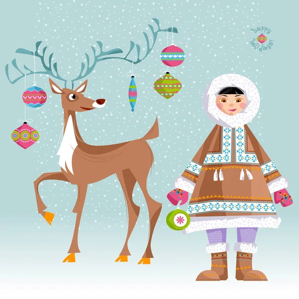 エスキモーの子供とクリスマス鹿 ベクターイラスト — ストックベクタ