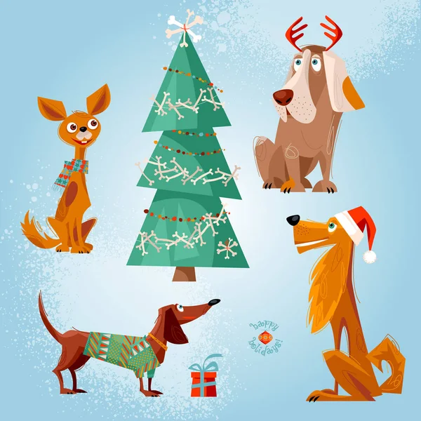 Διακοπές Για Σκύλους Τέσσερα Σκυλιά Και Χριστουγεννιάτικο Δέντρο Στολισμένο Κόκαλα — Διανυσματικό Αρχείο