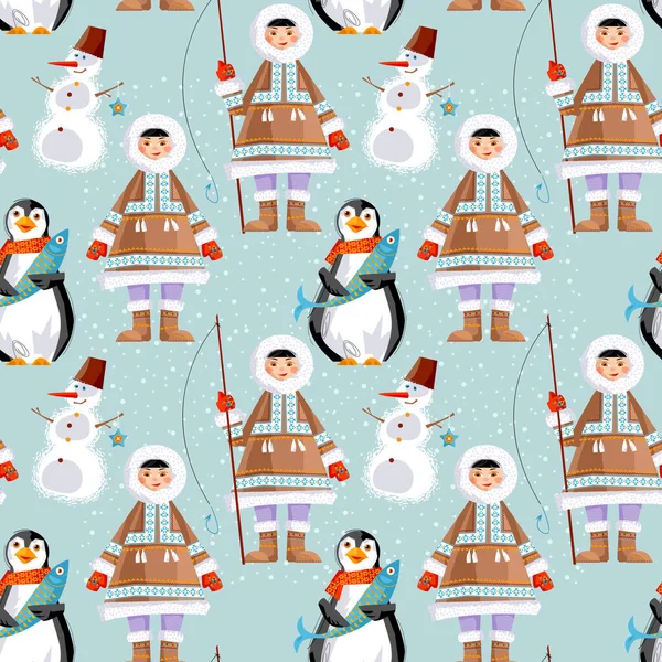 Eskimo Child Een Sneeuwpop Een Pinguïn Met Een Vis Naadloos — Stockvector