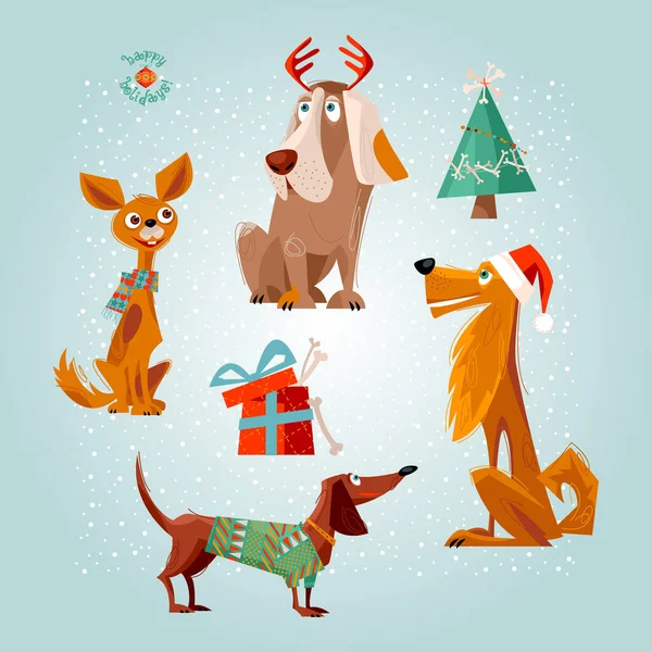 Праздник Собак Четыре Собаки Подарочная Коробка Костями Рождественская Открытка Векторная — стоковый вектор