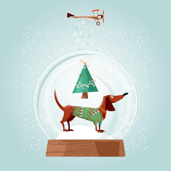Globo Neve Natal Dachshund Cão Natal Cartão Felicitações Ilustração Vetorial —  Vetores de Stock
