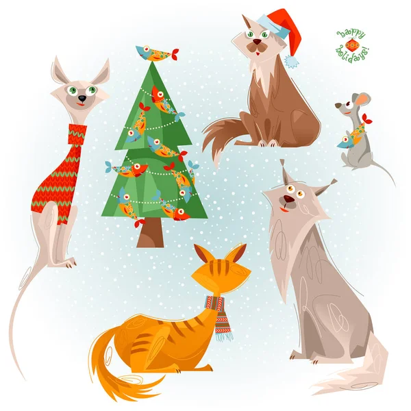 Férias Para Gatos Quatro Gatos Rato Árvore Natal Decorados Com — Vetor de Stock