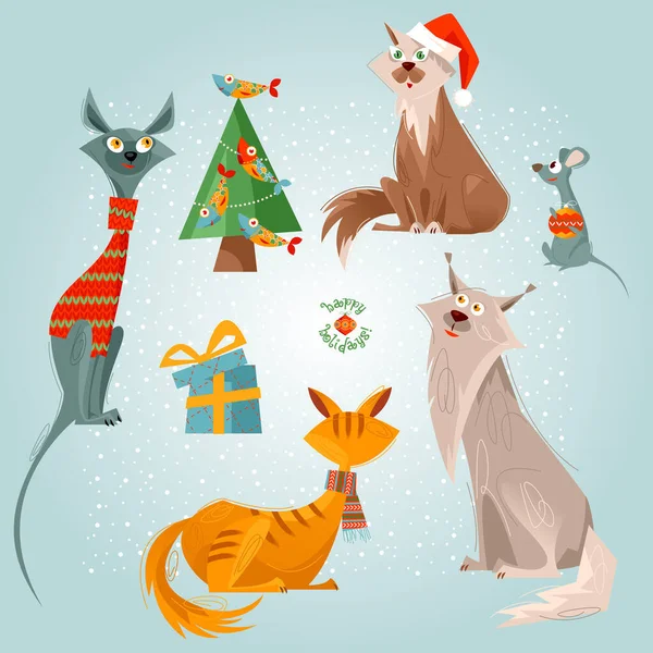 Vakantie Voor Katten Vier Katten Muis Een Geschenkdoos Kerstkaart Vectorillustratie — Stockvector