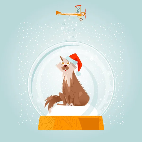Vánoční Sněhová Koule Kočka Santově Klobouku Vánoční Přání Vektorová Ilustrace — Stockový vektor