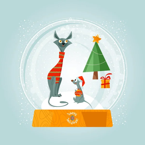 Bola Nieve Navidad Gato Ratón Tarjeta Felicitación Navideña Ilustración Vectorial — Vector de stock