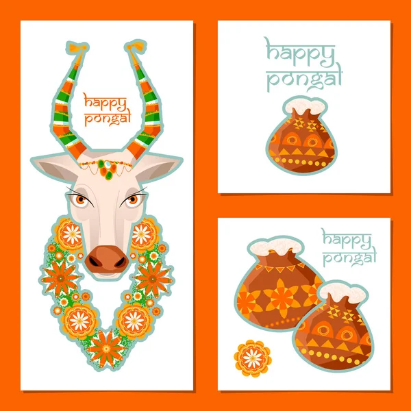 Greeting Card Indian Harvesting Festival Pongal Decorated Cow Rice Traditional — Stock Vector
