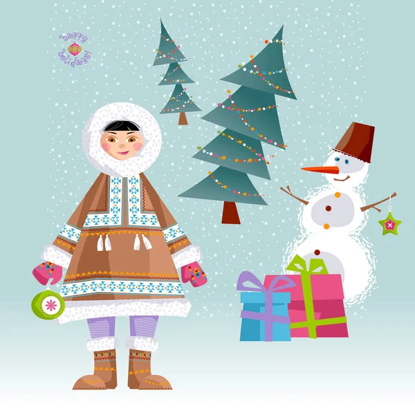 Eskimo Child Snowman Vector Illustration — Stock Vector