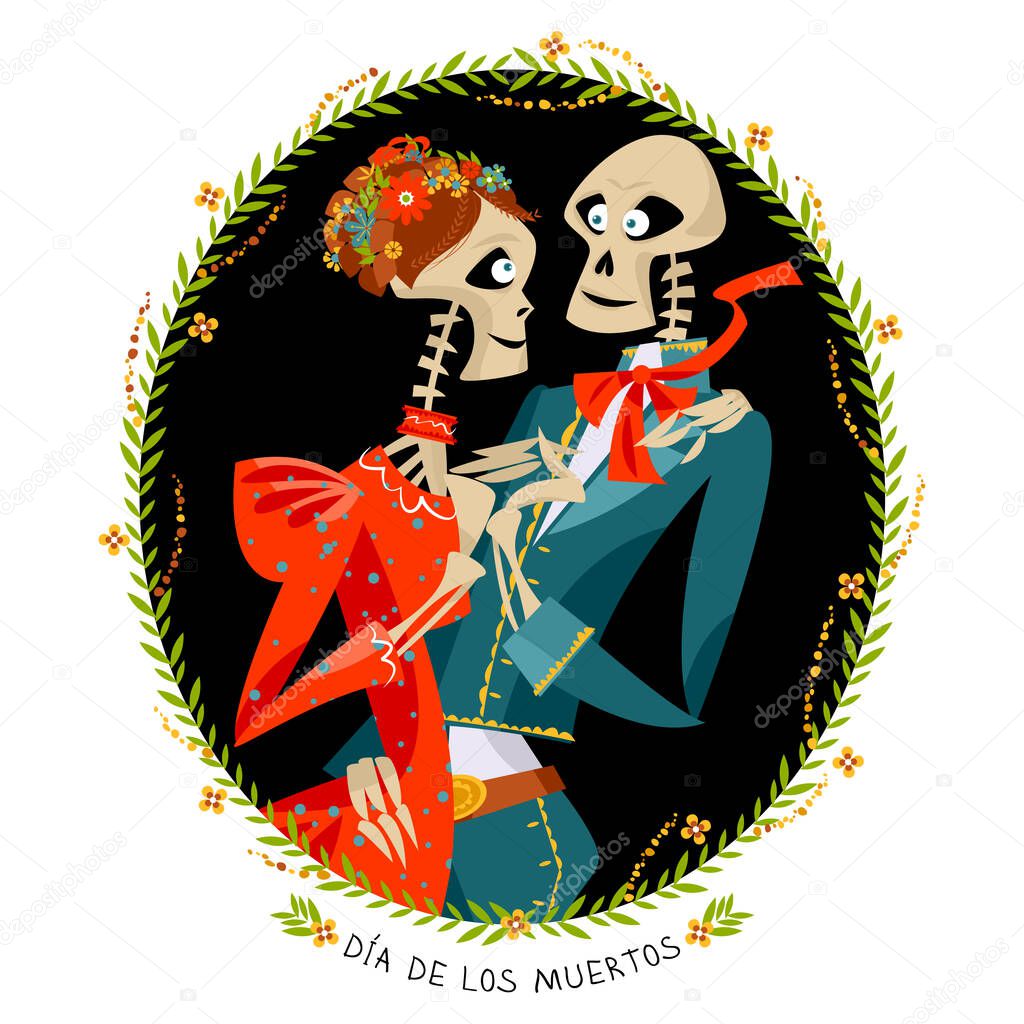 Skeleton couple in love. Dia de Muertos. Mexican tradition. 