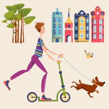 Şehirde köpeğini gezdiren scooterlı bir adam. Vektör illüstrasyonu