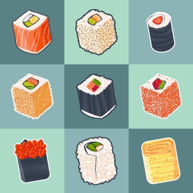 Geleneksel Japon yemekleri. Suşi rulosu seçimi. Vektör illüstrasyonu