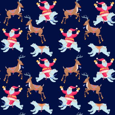 Noel Baba kutup ayısı ve geyiğe biniyor. Klasik Noel. Kusursuz arkaplan deseni. 