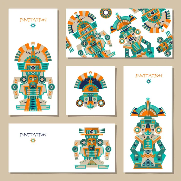 Set Lima Kartu Universal Dengan Aztec Dan Maya Ceremonial Sculptures - Stok Vektor