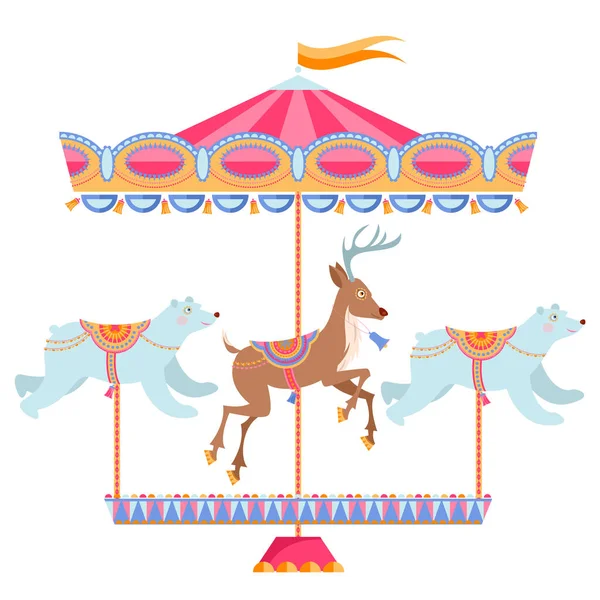 Carrousel Noël Avec Cerfs Ours Polaires Manège Noël Vintage — Image vectorielle