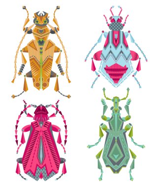 Beyaz arkaplandaki 4 farklı renkte böcek seti. Vektör illüstrasyonu