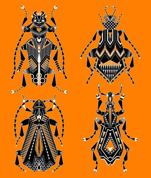 Lot Insectes Noirs Blancs Sur Fond Orange Illustration Vectorielle — Image vectorielle