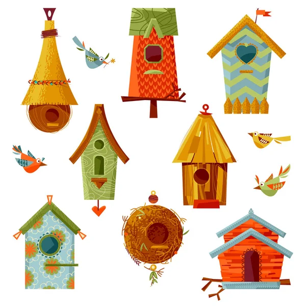 Conjunto Casas Pássaros Multicoloridas Várias Formas Ilustração Vetorial — Vetor de Stock