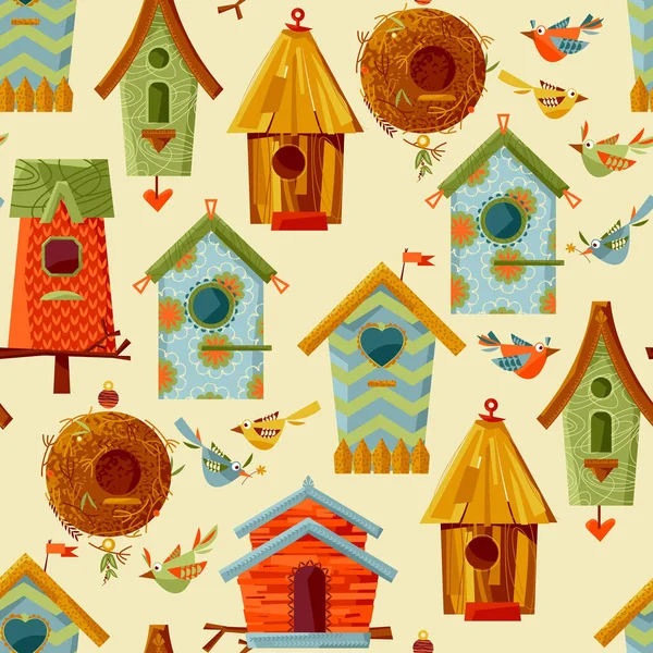 Casas Aves Multicolores Aves Patrón Fondo Sin Costuras Ilustración Vectorial — Vector de stock