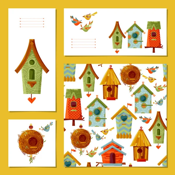 Conjunto Cartas Universais Com Birdhouses Pássaros Modelo Ilustração Vetorial — Vetor de Stock