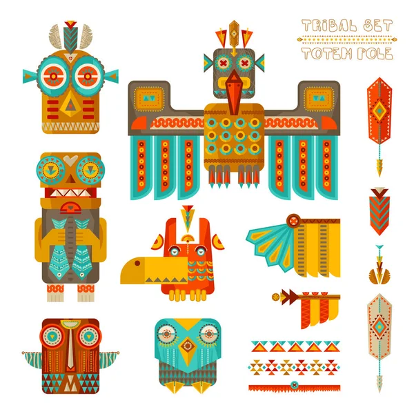 Set Tribal Set Elemente Stilizate Indiene Totem Pol Ilustrație Vectorială — Vector de stoc