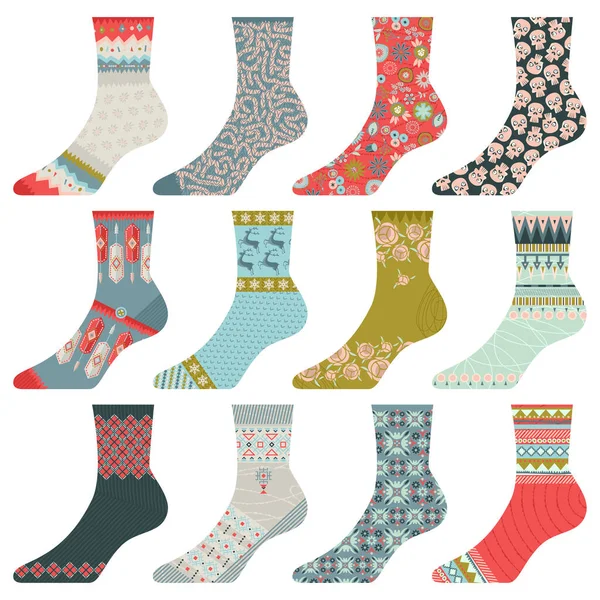 Набір Різних Різнокольорових Шкарпеток Дизайн Тканини Векторні Ілюстрації — стоковий вектор