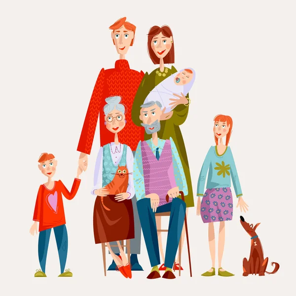 Grande Famille Père Mère Enfants Grands Parents Animaux Domestiques Joyeux — Image vectorielle
