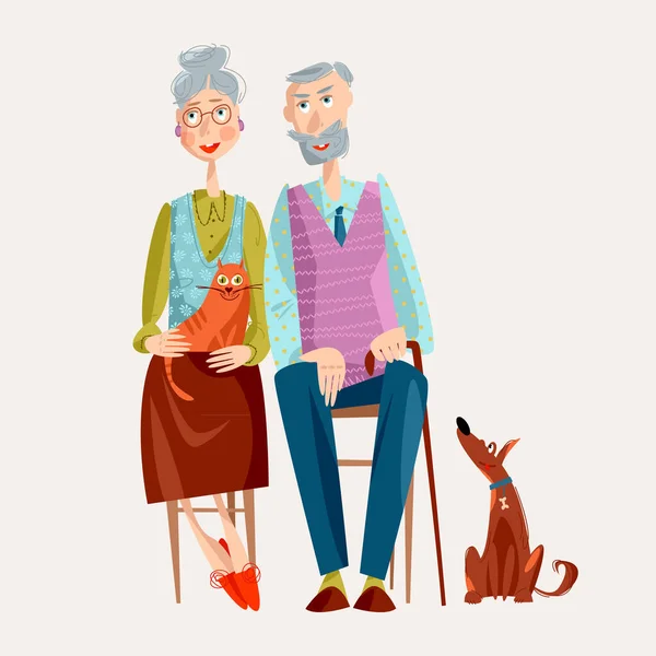 Couple Âgé Grand Parents Animaux Domestiques Joyeux Concept Famille Illustration — Image vectorielle