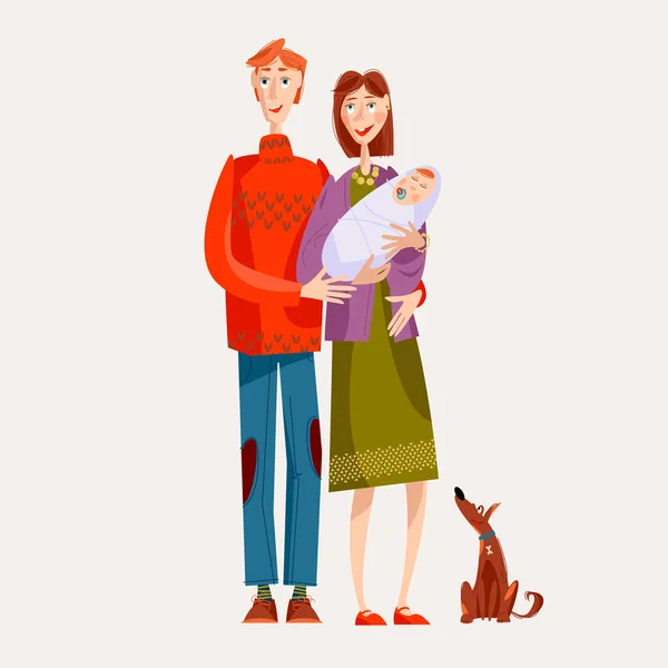 Joyeux Concept Famille Jeunes Parents Avec Nouveau Chien Illustration Vectorielle — Image vectorielle