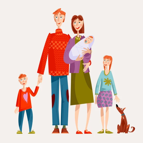 Grande Famille Père Mère Avec Nouveau Fils Fille Chien Joyeux — Image vectorielle