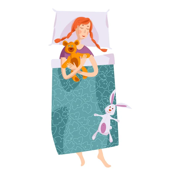 Niña Dormida Con Osito Peluche Una Liebre Juguete Buenas Noches — Vector de stock