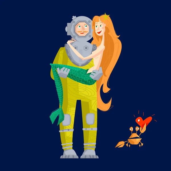 Penyelam Laut Dalam Dan Putri Duyung Hari Valentine Ilustrasi Vektor Stok Vektor