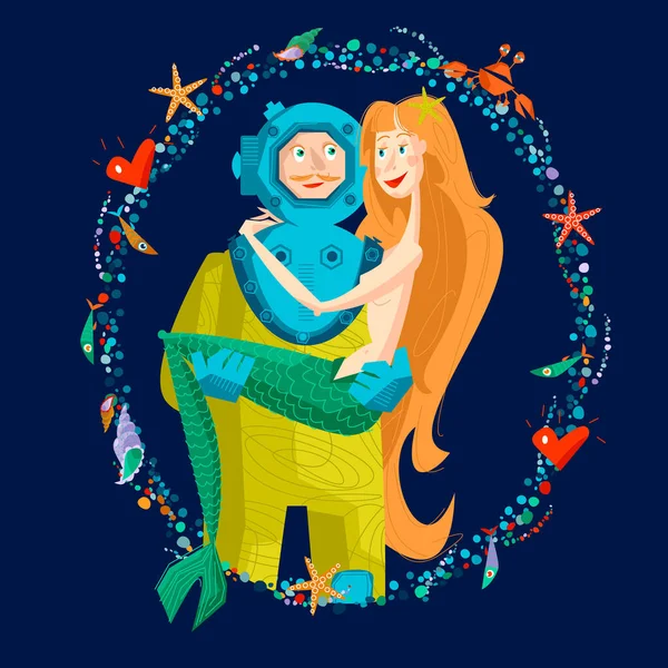 Penyelam Dan Putri Duyung Hari Valentine Ilustrasi Vektor Stok Ilustrasi 