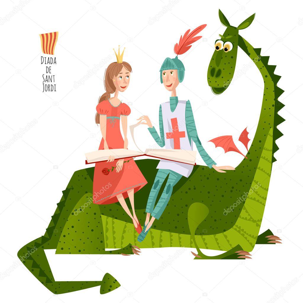 Princess and knight read a book sitting on a back of a dragon.Diada de Sant Jordi (the Saint Georges Day). Dia de la rosa (The Day of the Rose). Dia del llibre (The Day of the Book). Traditional festival in Catalonia, Spain. Vector illustration. 