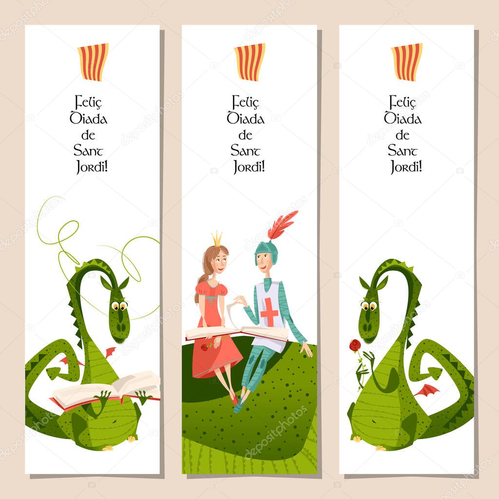 Set of universal bookmarks with princess, knight and dragons. Diada de Sant Jordi (the Saint Georges Day). Congratulations. Template. Vector illustration