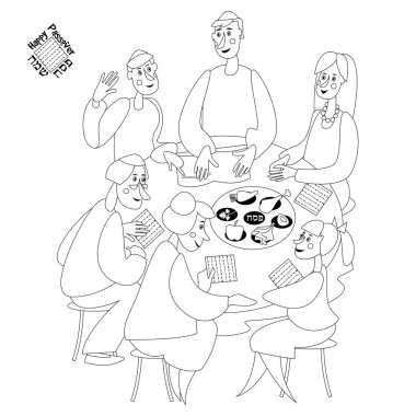 Yahudi ailesi Hamursuz Bayramı 'nı kutluyor. Hamursuz Bayramı Haggadah 'ı okuyorum. Siyah ve beyaz. Renk sayfası. 