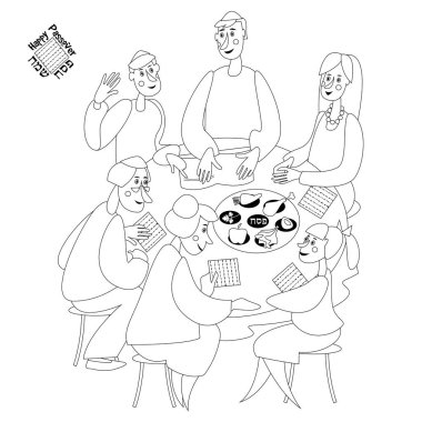 Jewish family celebrates Passover. Reading of the Passover Haggadah. Black and white. Coloring page.  clipart