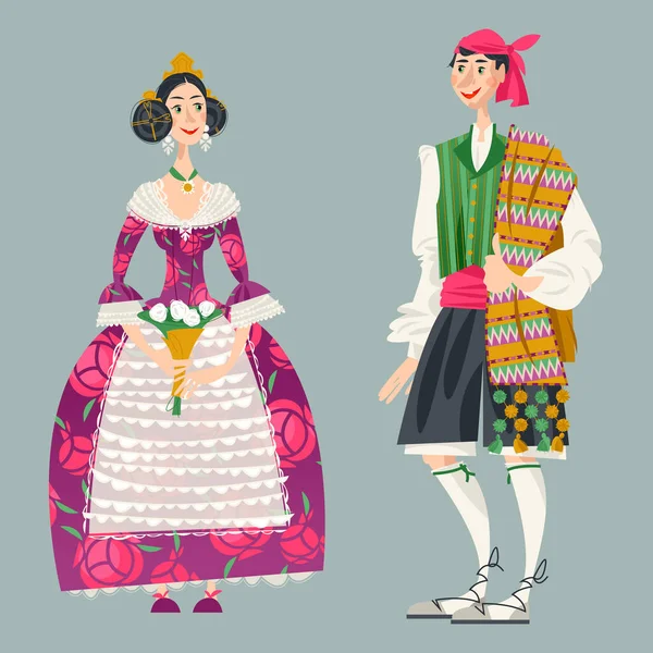 Couple Vêtements Traditionnels Lors Festival Las Fallas Festival Feu Valence — Image vectorielle