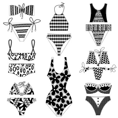 Siyah-beyaz kadın mayoları. Çeşitli mayo modelleri. Vektör illüstrasyonu.