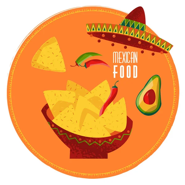 墨西哥食物 玉米片 墨西哥胡椒和鳄梨 矢量说明 — 图库矢量图片