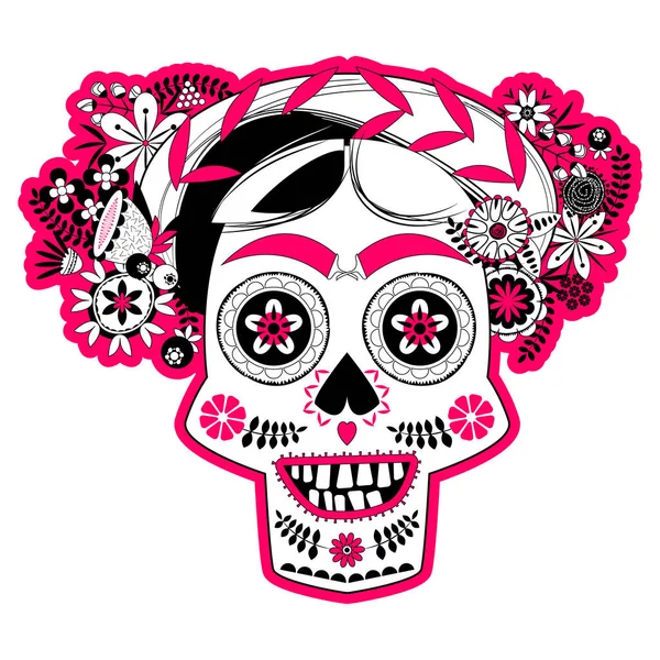 用花朵装饰的发式微笑着头骨 Calavera Catrina 墨西哥 白色和粉色 矢量说明 — 图库矢量图片