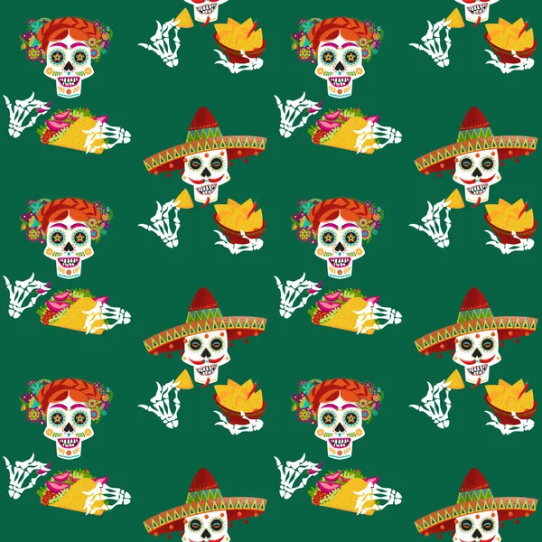 墨西哥食物 用玉米片和玉米片笑骷髅 无缝隙背景图 矢量说明 — 图库矢量图片
