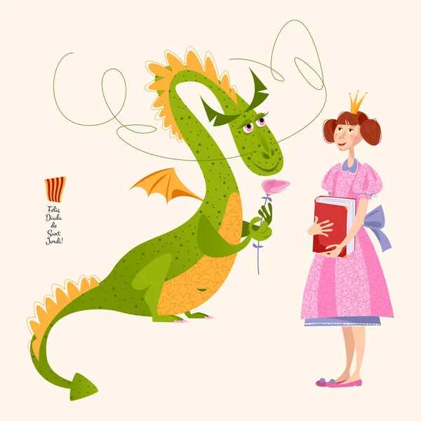 Dragon Avec Une Rose Chevalier Avec Épée Diada Sant Jordi — Image vectorielle