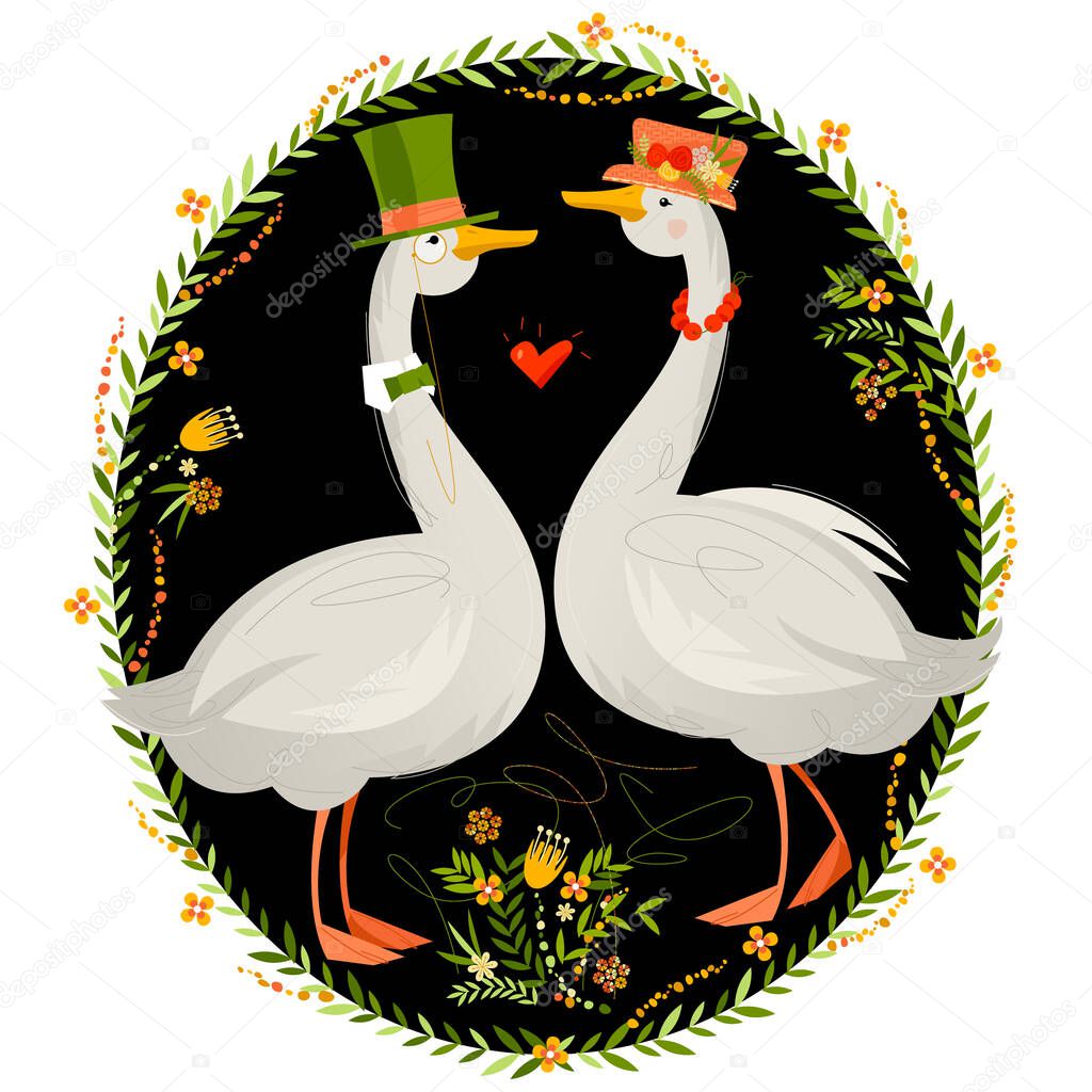 Gander wearing a top hat and a goose in a hat with flowers. Geese in hats. Vector illustratio