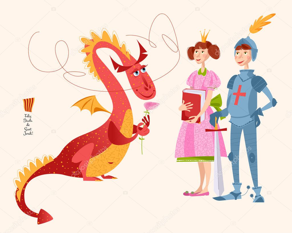 Dragon with a rose and knight with sword. Diada de Sant Jordi (the Saint Georges Day). Dia de la rosa (The Day of the Rose). Dia del llibre (The Day of the Book). Traditional festival in Catalonia, Spain. 