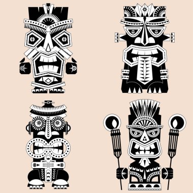 4 tane tiki totem direği seti. Hawaii mi? Siyah ve beyaz. Vektör illüstrasyonu.