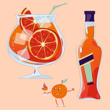 Aperol Spritz cocktail with a slice of orange. Small orange holds a glass with a cocktail. Traditional summer drink. Vector illustration clipart