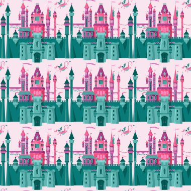 Peri masalı ortaçağ kalesi ve kalesi. Prenses Kalesi. Harikalar Diyarı. Kusursuz arkaplan deseni. 