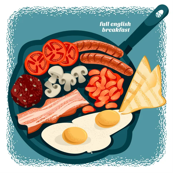 Full Engelsk Frukost Stekt Ägg Bönor Tomater Svamp Bacon Svart — Stock vektor