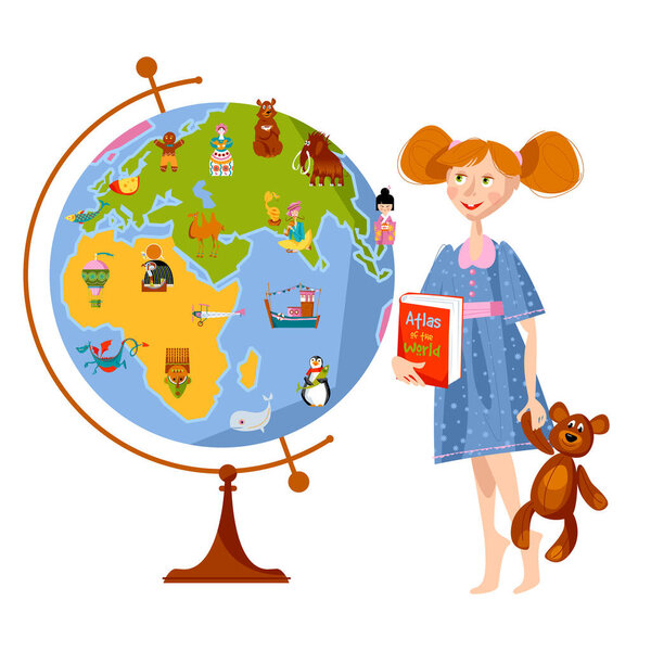 Девушка с плюшевым мишкой и мировым атласом смотрит на карту земного шара. Возвращайся в школу. Векторная иллюстрация.